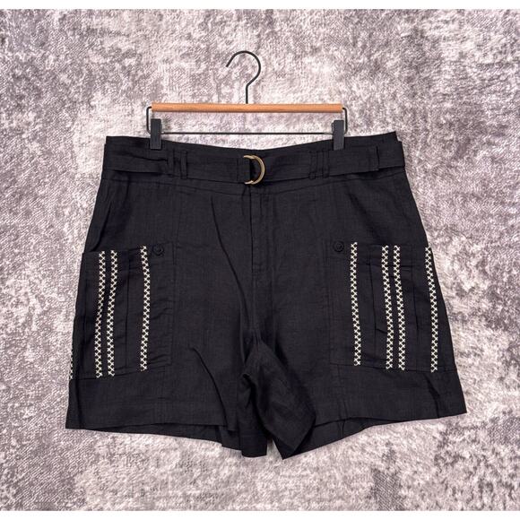 New Johnny Was Shorts Large Womens Black Linen Embroidered High Rise Belted - Picture 1 of 7